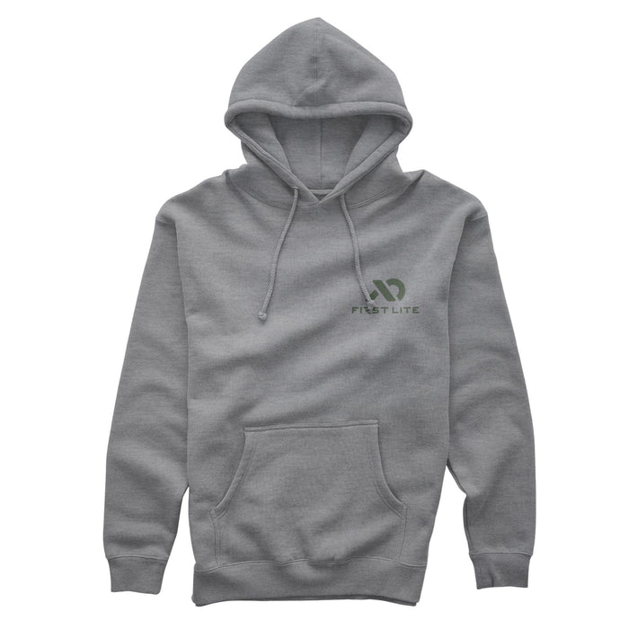 Grey hoodie with a green logo and "FIRST LITE" on the left chest, a hood with drawstrings, and a kangaroo pocket.