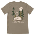 Light brown T-Shirt with a beige camping tent, green trees to the sides and a moon with stars on top and text "GO FARTHER STAY LONGER" below