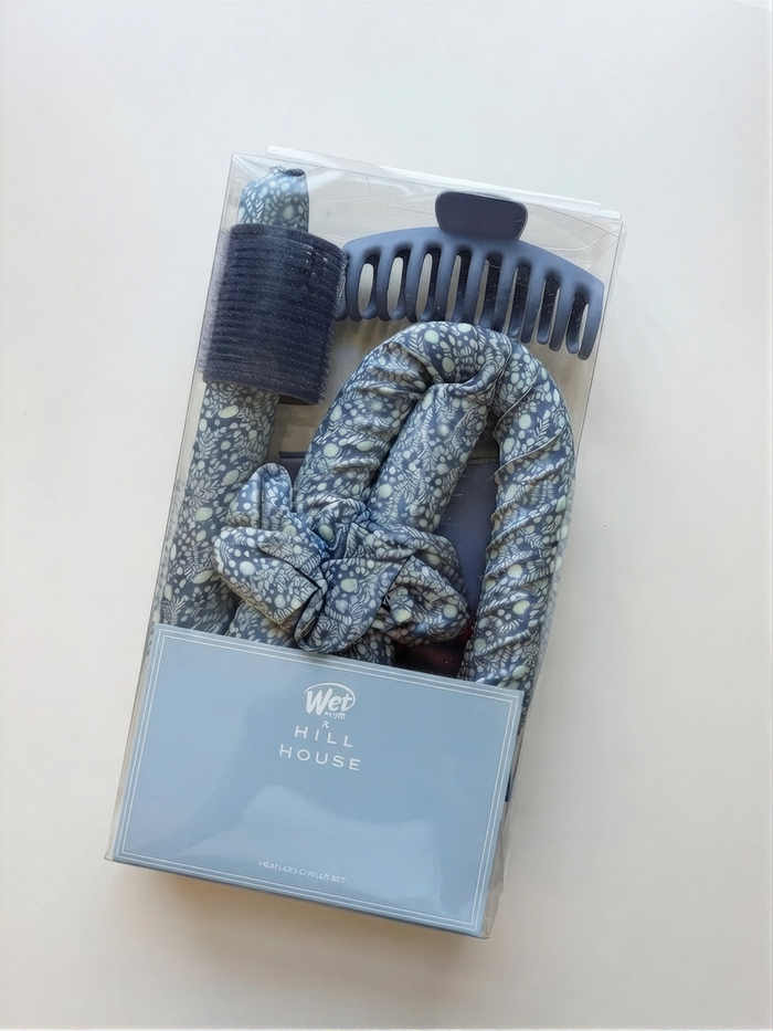 Hill House x Wet Brush Heatless Curler Set - Cornflower Ditsy Thistle - Satin Rod, Curler, Claw Clip, 2 Scrunchies