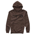 Brown hoodie with black "FIRST LITE" logo, drawstrings, and a front pouch pocket.