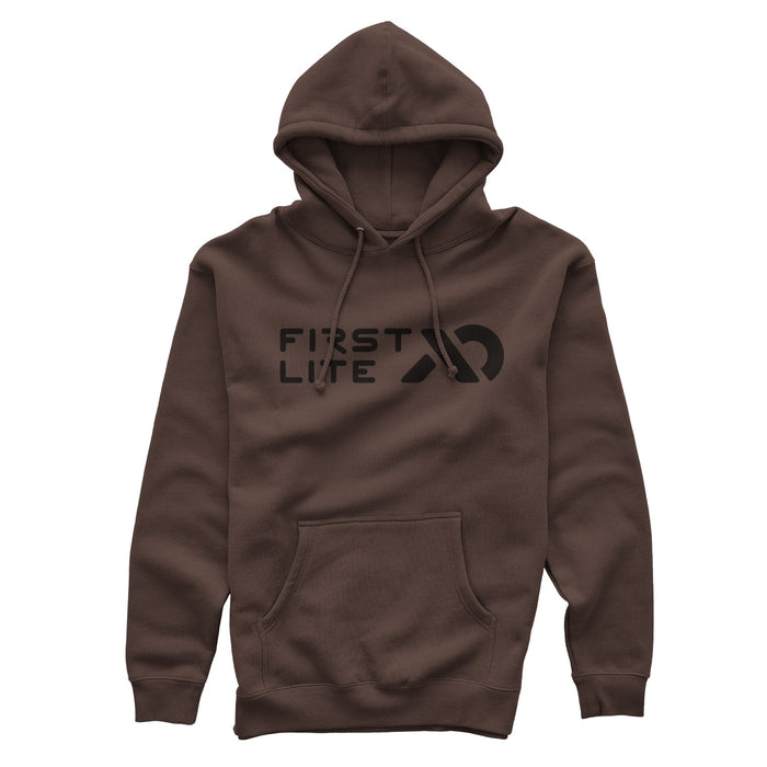 Brown hoodie with black "FIRST LITE" logo, drawstrings, and a front pouch pocket.