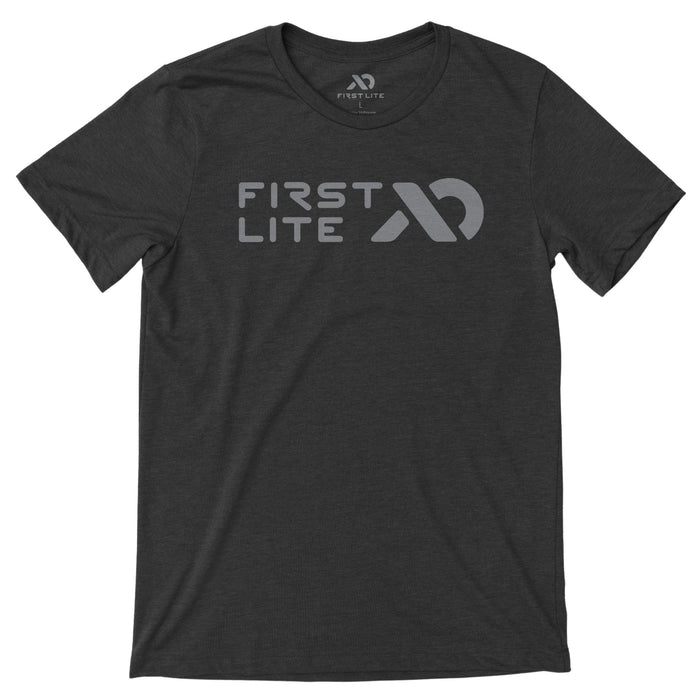 Dark grey heather t-shirt by Meateater, size Medium, with 'FIRST LITE' text and a stylized light grery logo on the chest.