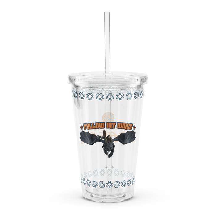 Clear 16 oz plastic tumbler featuring a vibrant design of Hiccup and Toothless in flight on the front