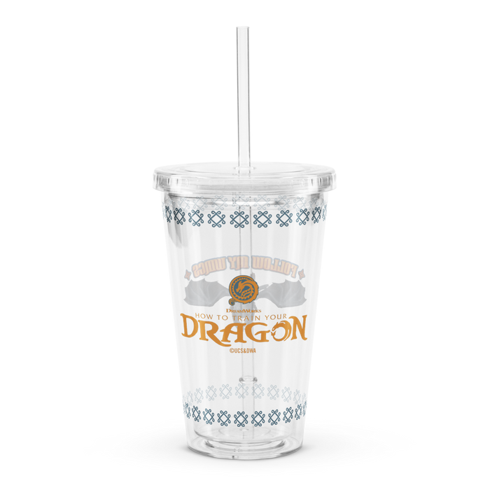 Close-up view of the screw-on lid and matching plastic straw atop the How to Train Your Dragon clear tumbler