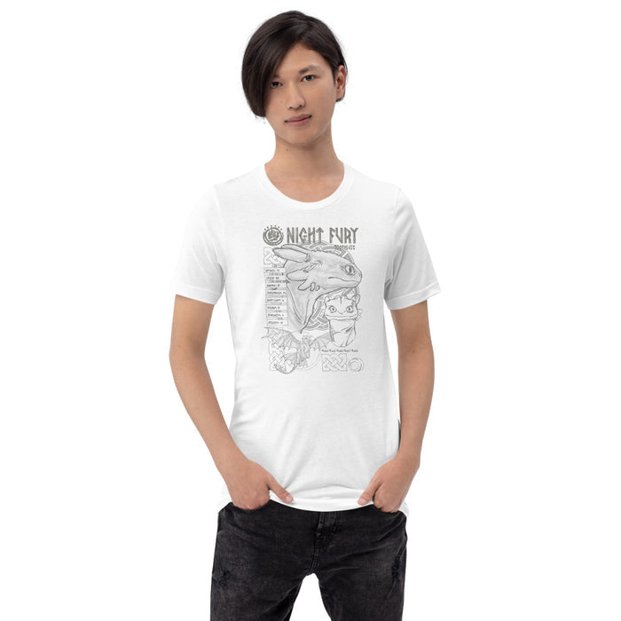 Close-up view of the How to Train Your Dragon graphic design printed on the chest of the white t-shirt