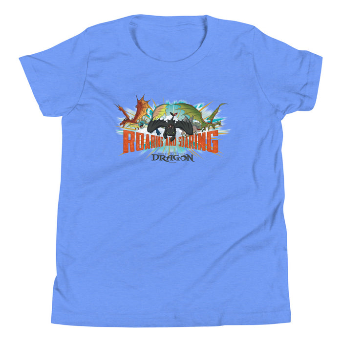Heather columbia blue How To Train Your Dragon graphic t-shirt featuring Toothless and friends on the front chest