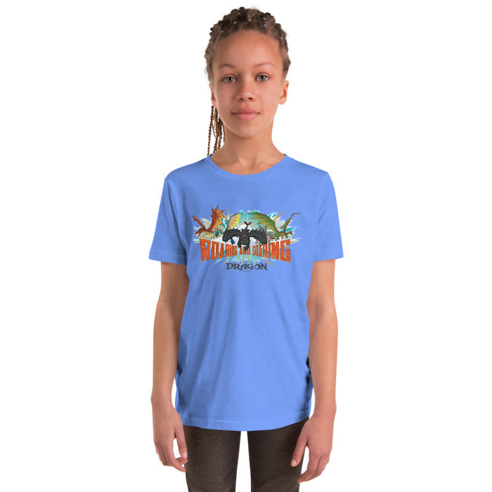 Close-up of the adventurous graphic artwork on the front of the How To Train Your Dragon t-shirt