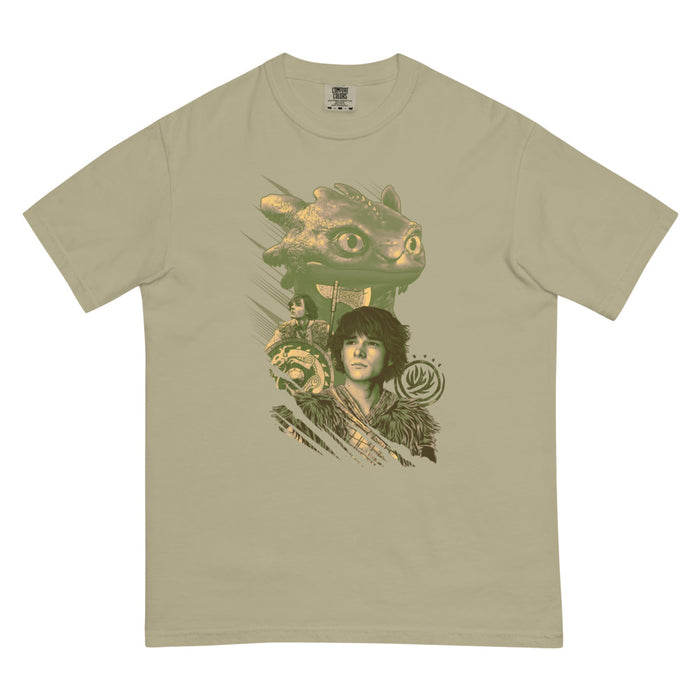 Khaki How To Train Your Dragon t-shirt front view featuring the graphic chest design
