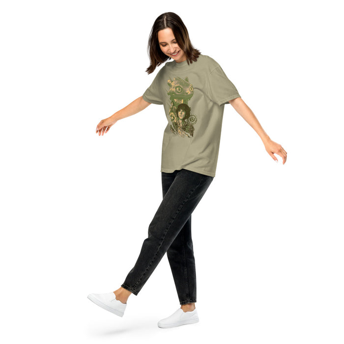 Folded khaki How To Train Your Dragon t-shirt displayed on a flat surface
