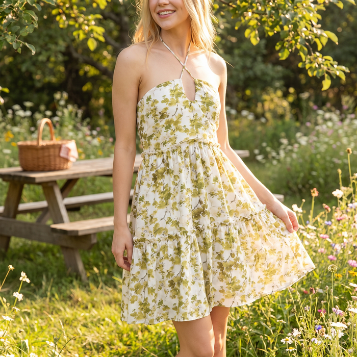 HYFVE Floral Print Halter Neck Tiered Mini Dress