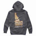 Gray hoodie with a mountain graphic and 'First Lite' branding on the back, on a white background.