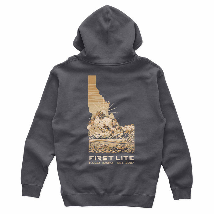 Gray hoodie with a mountain graphic and 'First Lite' branding on the back, on a white background.