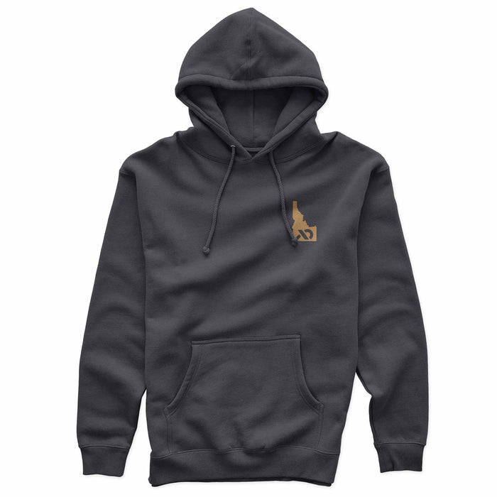 Dark gray hoodie with a brown graphic of the Idaho outline on a white background