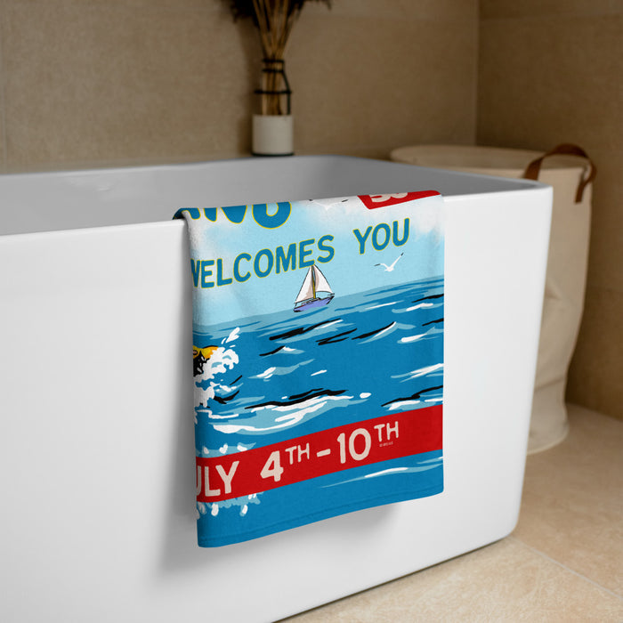 Close-up of the Jaws Amity Island beach towel showcasing the soft terry fabric texture and detailed artwork