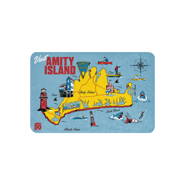 Jaws 50th Anniversary Amity Island sherpa blanket folded neatly, showing the front graphic design