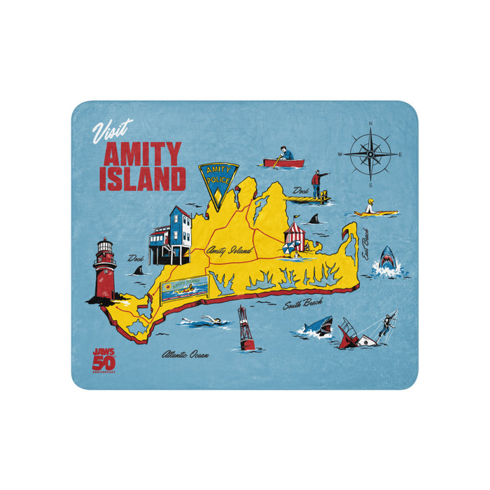Close-up of the official Jaws licensing tag attached to the blanket