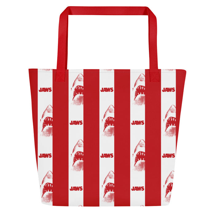 Back view of the Jaws beach bag showing the continuous anniversary graphic design