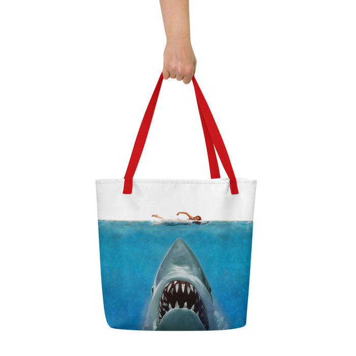 Close-up detail of the durable polyester fabric and vibrant print quality on the Jaws tote
