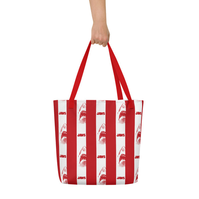 Close-up view of the comfortable cotton webbing handles attached to the beach bag