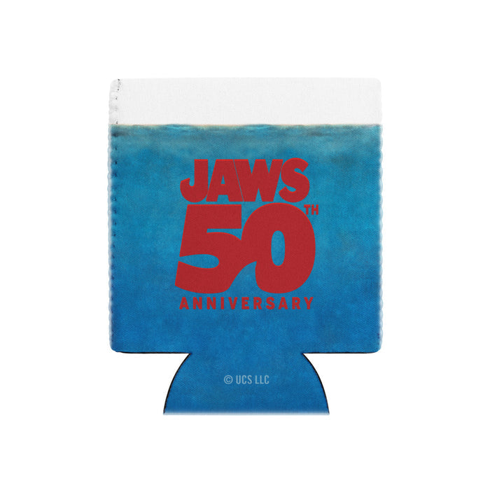 Close-up view of the Jaws 50th anniversary logo graphic printed on the can cooler surface