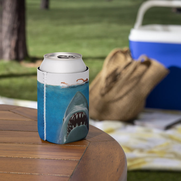 Lifestyle product view of the Jaws can cooler holding a chilled beverage