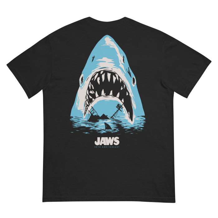 Black crew-neck t-shirt featuring the Jaws 50th Anniversary logo on the front chest