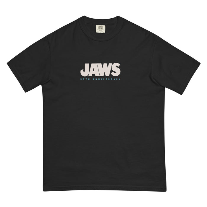 Back of the black Jaws t-shirt displaying a large-scale graphic of Jaws