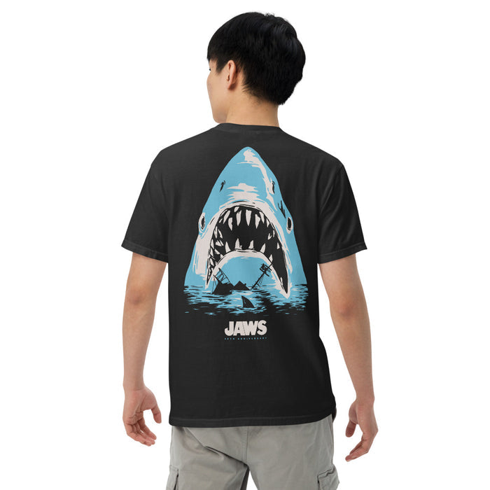 Close-up view of the garment-dyed cotton fabric and collar on the Jaws t-shirt