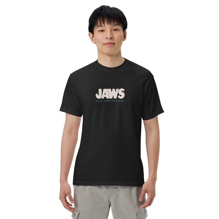Detailed view of the Jaws 50th Anniversary graphic print on the back