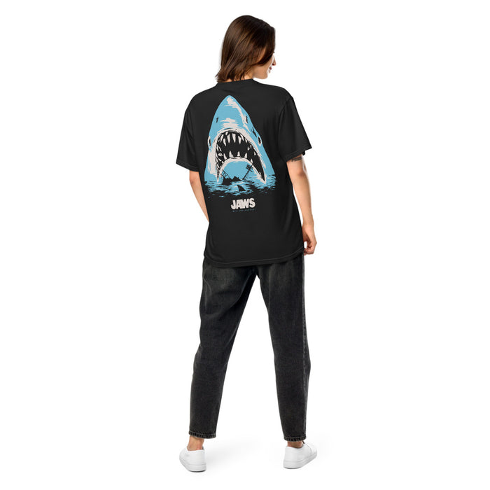 Lifestyle view of the Jaws t-shirt laid flat showing the relaxed fit
