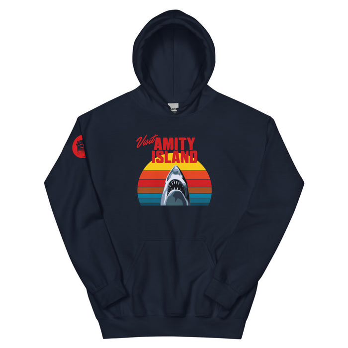 Navy Jaws 50th Anniversary hoodie featuring a Visit Amity Island graphic printed on the front chest