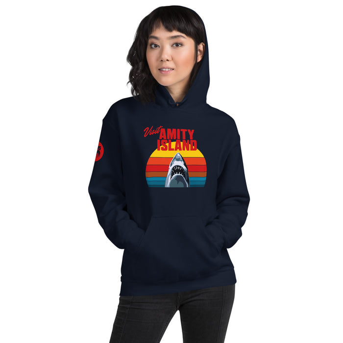 Back view of the solid navy Jaws pullover hoodie