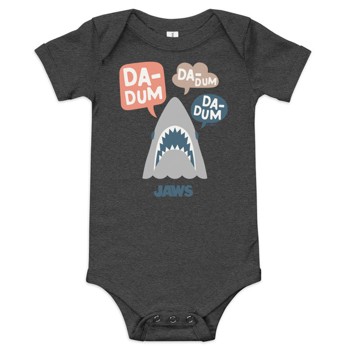 Dark grey heather baby bodysuit featuring the Jaws Da Dum graphic centered on the front