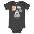 Dark grey heather baby bodysuit featuring the Jaws Da Dum graphic centered on the front