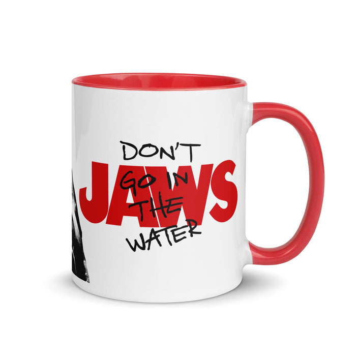 Jaws two-tone ceramic coffee mug featuring the classic Jaws logo on the front against a white body with a contrasting colored rim and handle