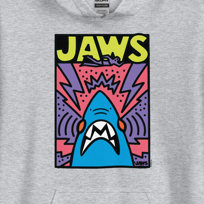 Close-up of the Jaws doodle graphic print on the front chest of the grey hooded sweatshirt