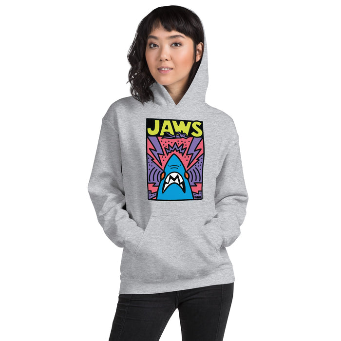Back view of the grey Jaws pullover hoodie showing the plain fabric and comfortable fit