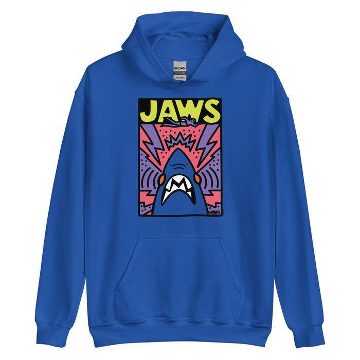 Detailed view of the hoodie fabric texture and front pocket pouch on the grey Jaws apparel