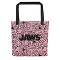 Jaws pink doodle tote bag laid flat, showing the full all-over pattern and dual natural cotton handles