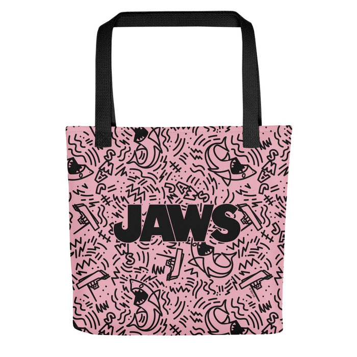 Jaws pink doodle tote bag laid flat, showing the full all-over pattern and dual natural cotton handles