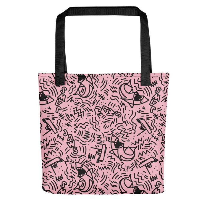 Close-up of the Jaws pink doodle pattern fabric showing graphic details and spun polyester texture