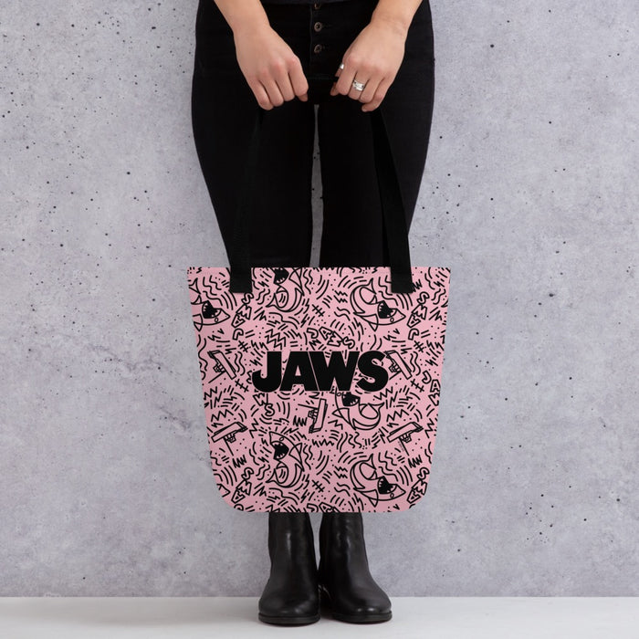 Side angle view of the Jaws tote bag displaying strap drop length and spacious compartment construction