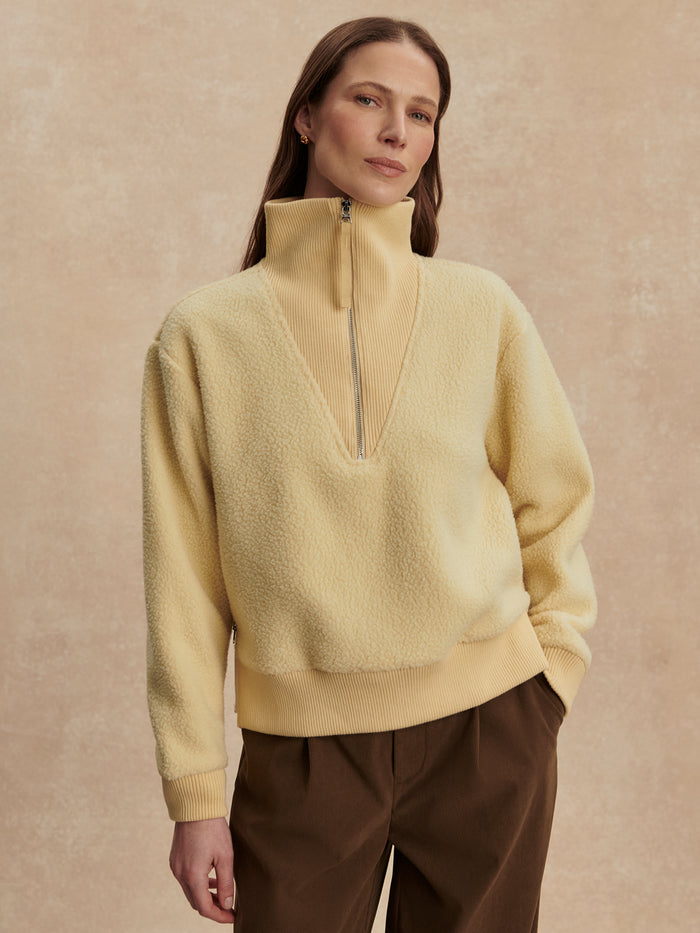 Reed Yellow|Jaylin Half Zip Fleece Reed Yellow, front-facing image of the fleece with half-zip collar and long sleeves.