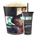 Jung Kook popcorn bucket and tumbler set displayed together against a neutral background