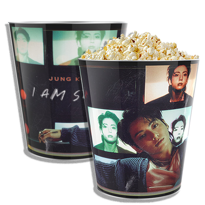 Close-up of the Jung Kook popcorn bucket wrap-around artwork and branding details