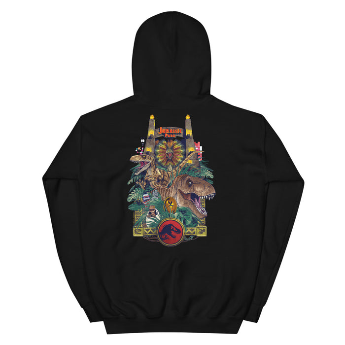 Jurassic Park dinosaurs hoodie front view showing vibrant prehistoric creature graphics on a black sweatshirt