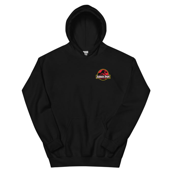 Close up of the Jurassic Park graphic print across the center chest of the hoodie