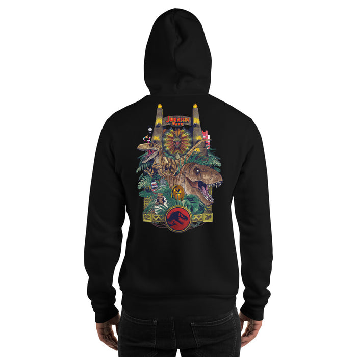 Side view of the Jurassic Park hoodie highlighting the casual fit and long sleeves