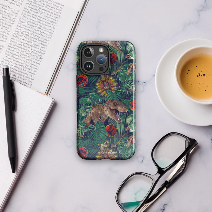 Angle view of the Jurassic Park phone case highlighting the dual layer construction