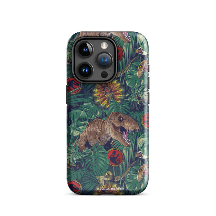 Jurassic Park case fitted onto an iPhone showcasing the back camera cutout